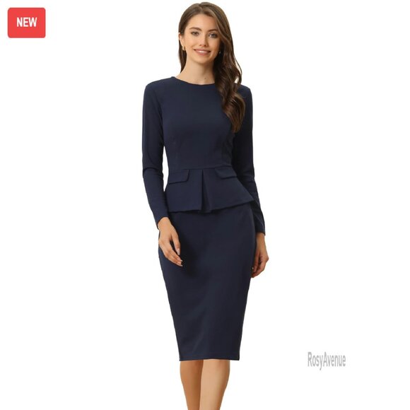 Long Sleeve Bodycon Work Dress with Peplum Detail, Slim Fit